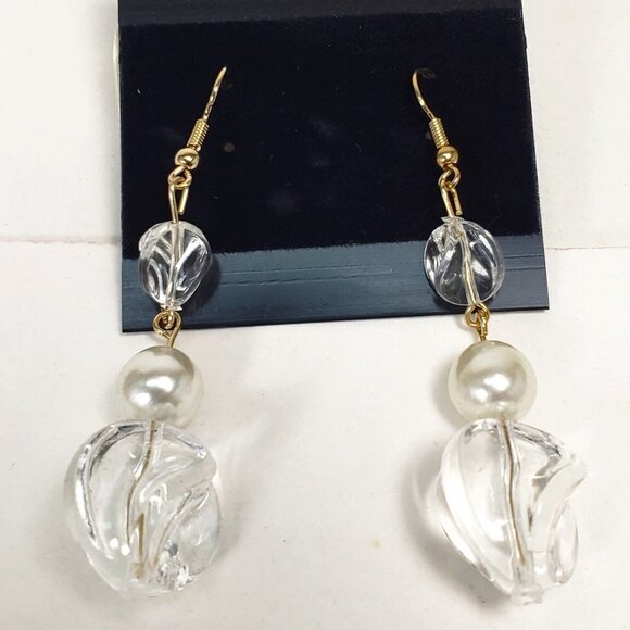 Clear Twisted Bead Drop Earrings w/ Off-white Accent Modern Statement Dangle - Picture 5 of 9